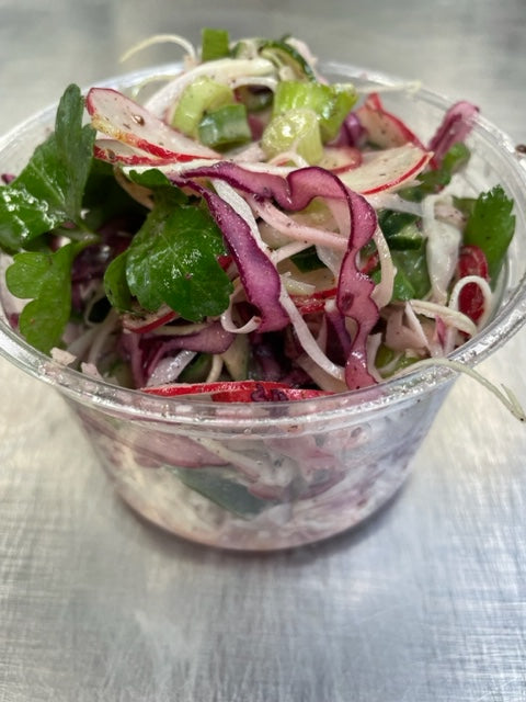 Tahini Slaw with Radish, Cabbage, spring onion, radish, Sumac & Parsley Salad